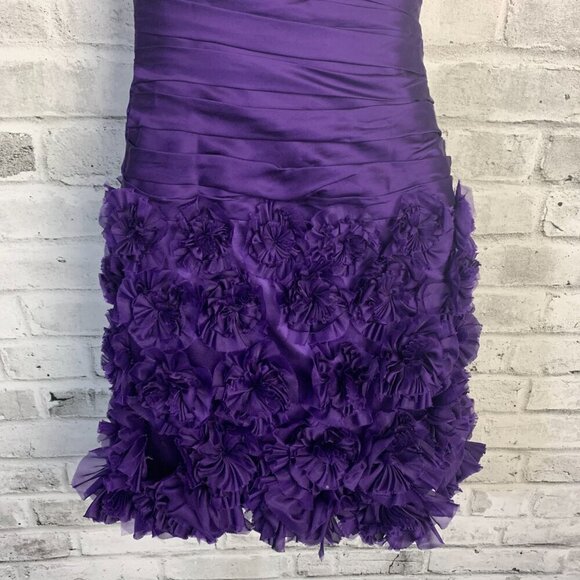 Theia One Shoulder Purple 100% Silk Ruched Rosette 3D Appliqué Cocktail Dress - Picture 3 of 16